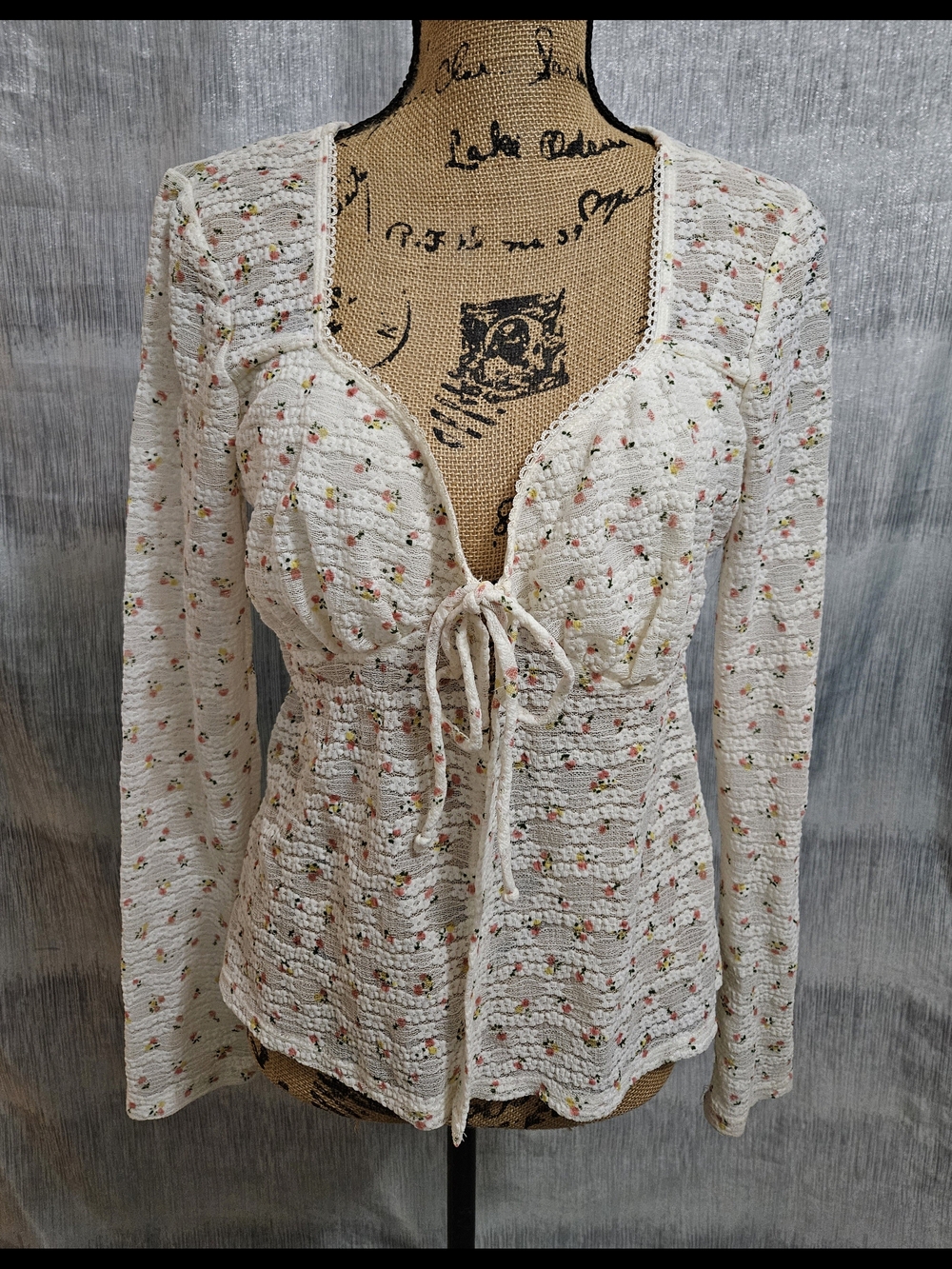 Self Esteem- Cream Crochet Tie-Front Floral Dot Long Sleeve Cardigan